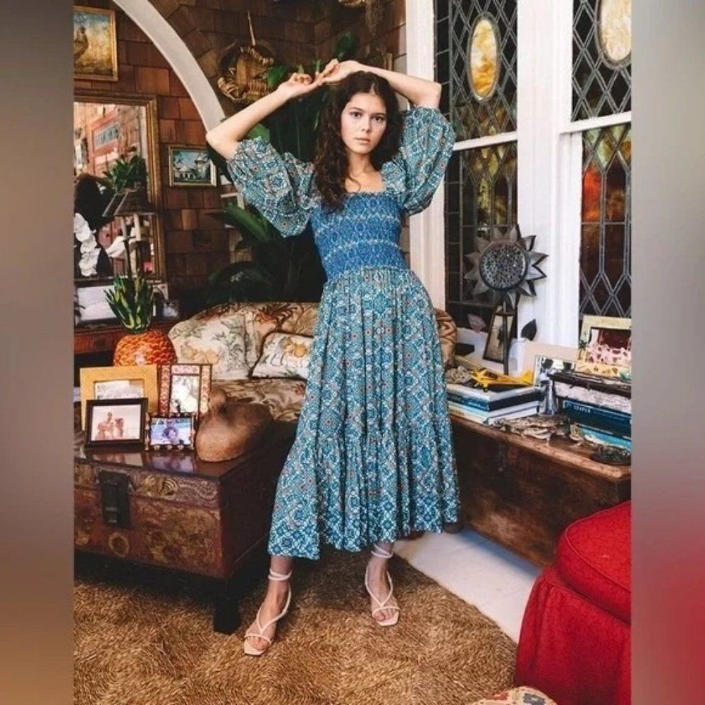 Cara Cara Teal Blue Floral Midi Dress